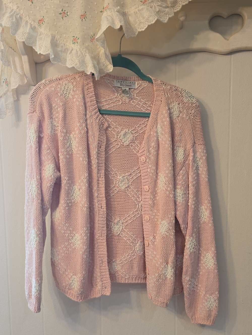 VTG Cambridge Dry Goods Pink White Diamond Cable Knit Ramie Cotton Sweater